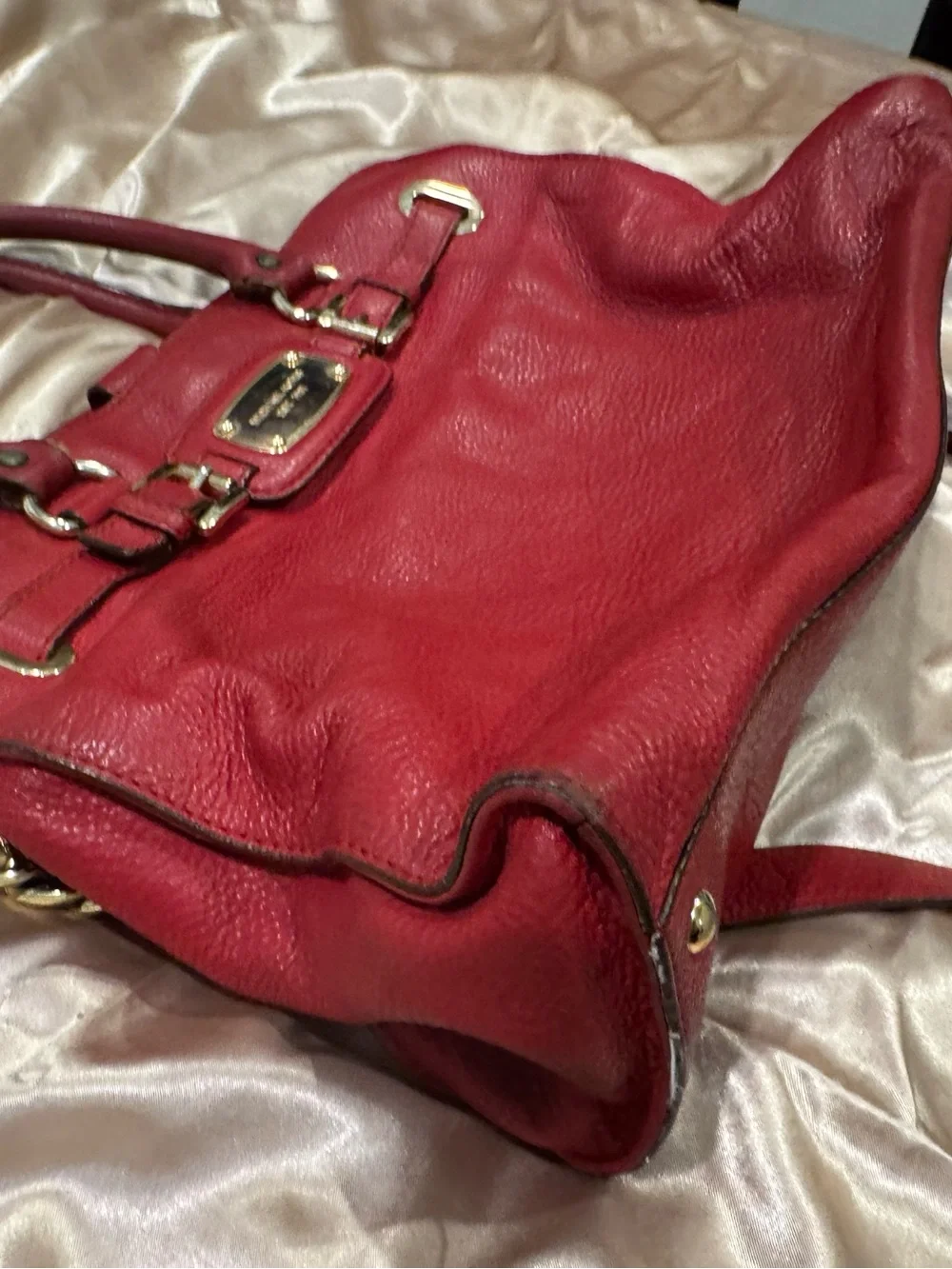 Michael Kors Hamilton Red Pebbled Leather Tote Satchel with Gold Plate